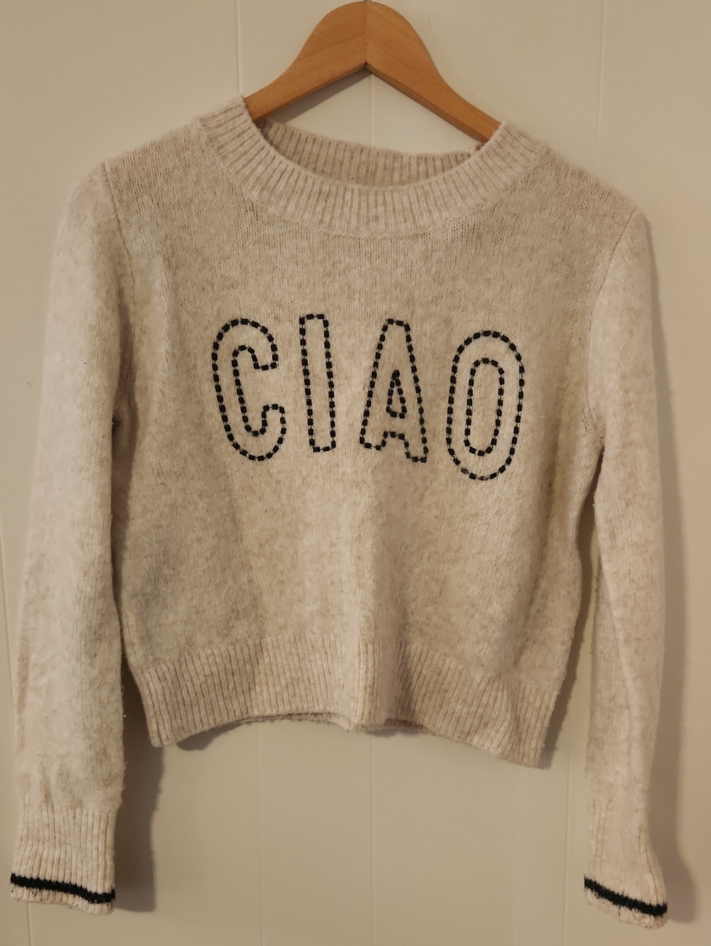 Z Supply Cream 'CIAO' Crewneck Sweater with Black Trim